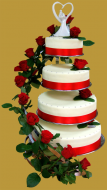 tort weselny 4 piętrowy na stelażu z ramieniem z żywymi czerwonymi różami