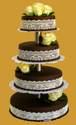 tort weselny 4 piętrowy na stelażu w ciemnej czekoladzie z kremowymi koronkami