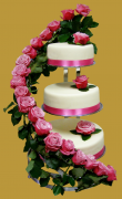 tort weselny na stelażu w białej plastycznej czekoladzie z żywymi różowymi różami