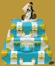 tort weselny w stylu angielskim 3 piętrowy WALIZKI turkusowe