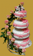 tort weselny na stelażu tradycyjnym 4- piętrowy z żywymi różami różowymi