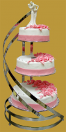 tort weselny na stelażu tradycyjnym 3- piętrowy z różowymi różyczkami