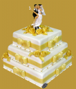 tort weselny w stylu angielskim kwadratowy z delikatnie złotą dekoracją w marcepanie